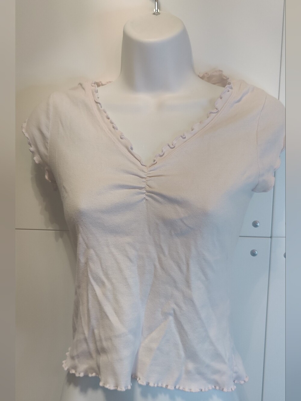 Vintage Y2K rue21 Baby Pink Ruched Lettuce Hem Fitted Top M